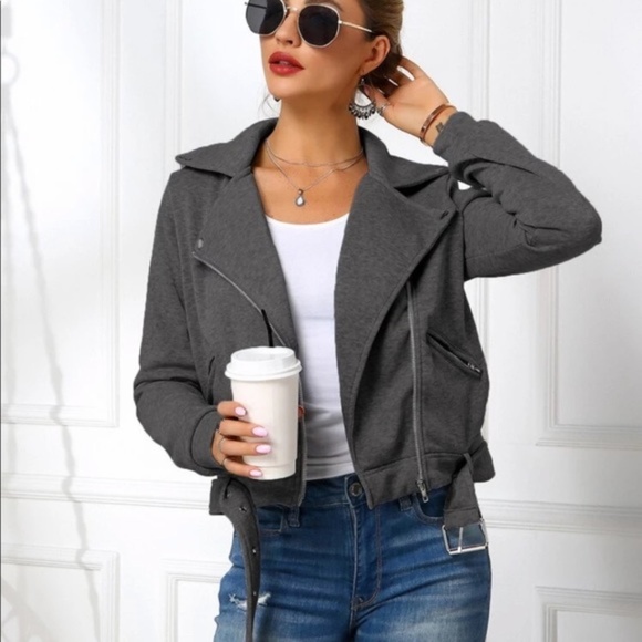 charcoal zipper pocket knit moto biker jacket coat - Picture 4 of 6